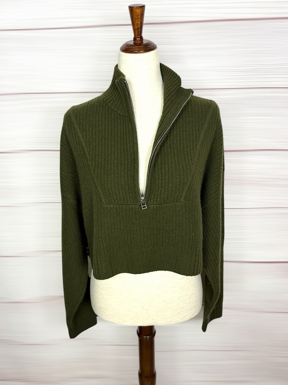STAUD Cashmere Cropped Hampton Sweater Olive Chunky Knit Half Zip Oversized M - Picture 5 of 13